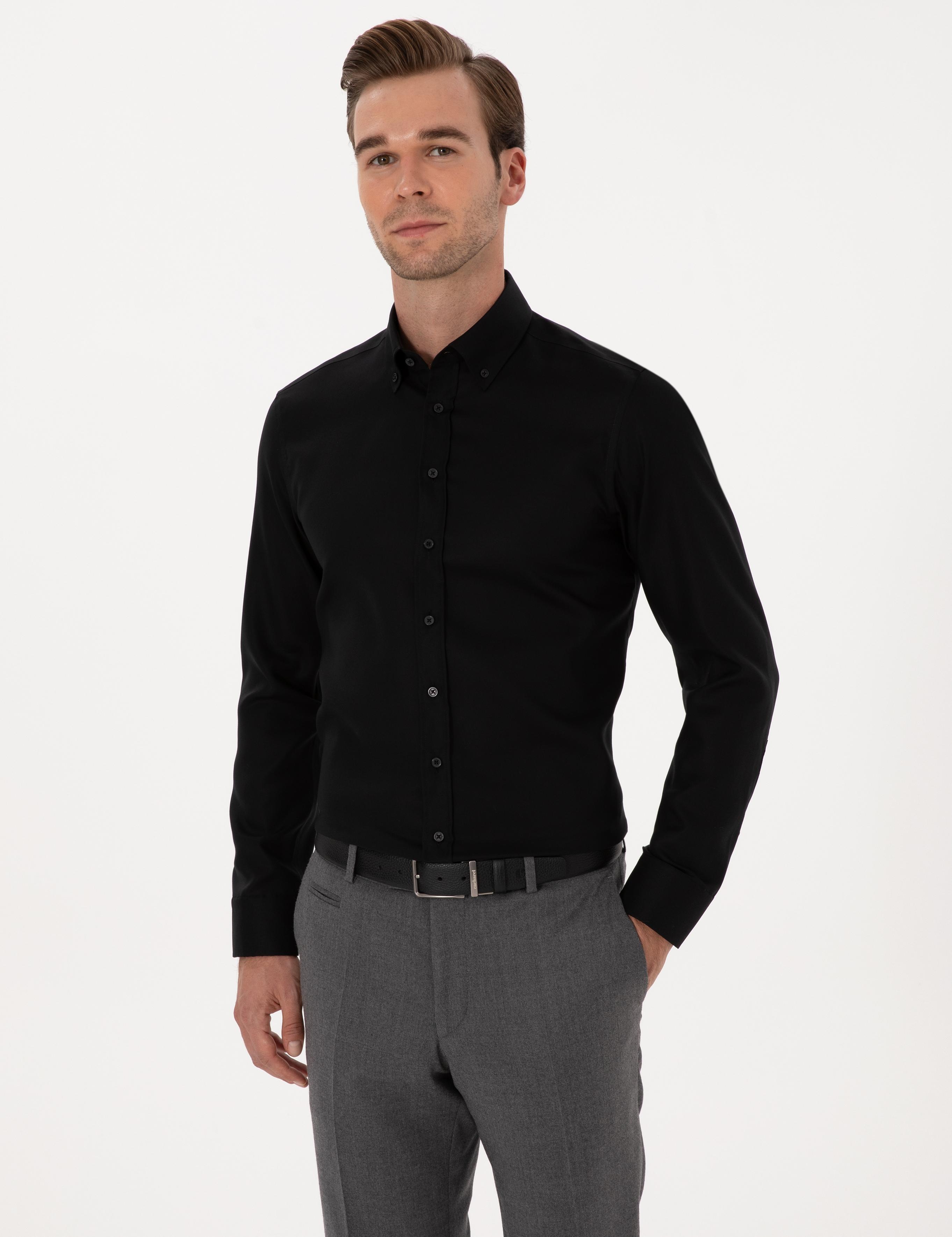 Siyah Slim Fit %100 Pamuk Yakası Düğmeli Oxford Gömlek - 50319721050