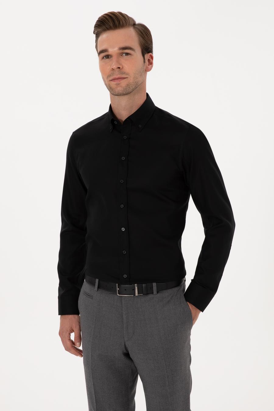 Siyah Slim Fit %100 Pamuk Yakası Düğmeli Oxford Gömlek - 50319721050