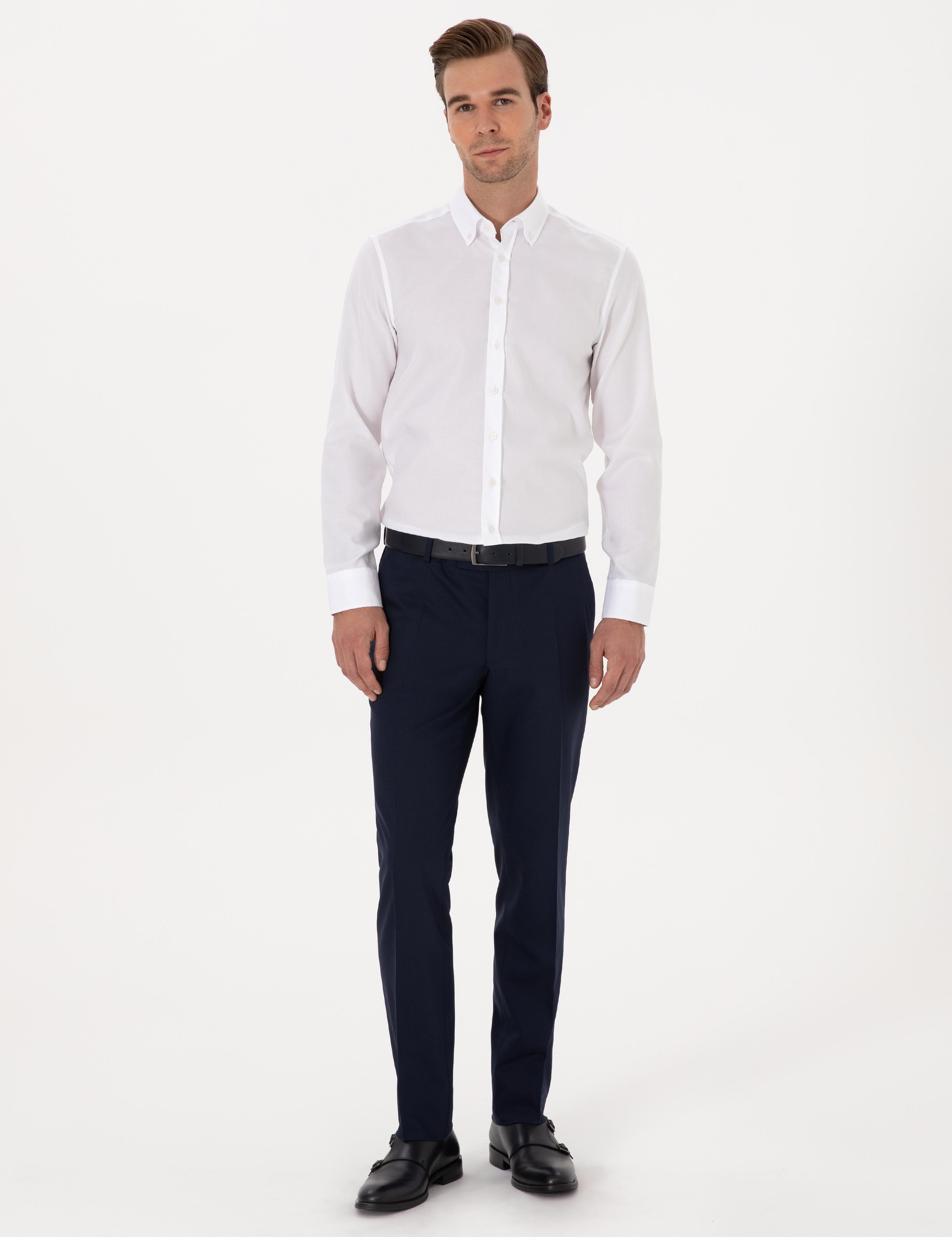 Beyaz Slim Fit %100 Pamuk Yakası Düğmeli Oxford Gömlek - 50319721025