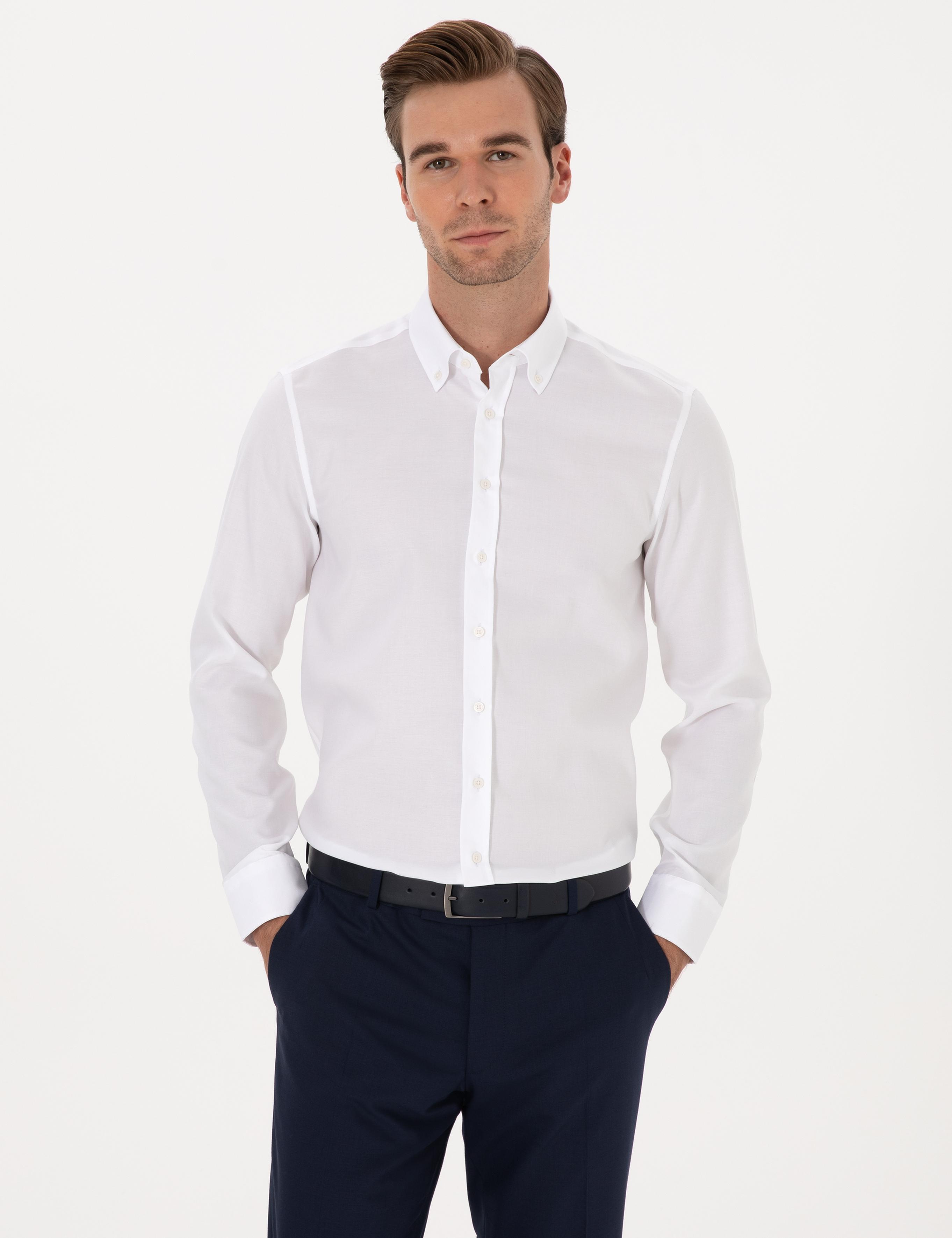 Beyaz Slim Fit %100 Pamuk Yakası Düğmeli Oxford Gömlek - 50319721025