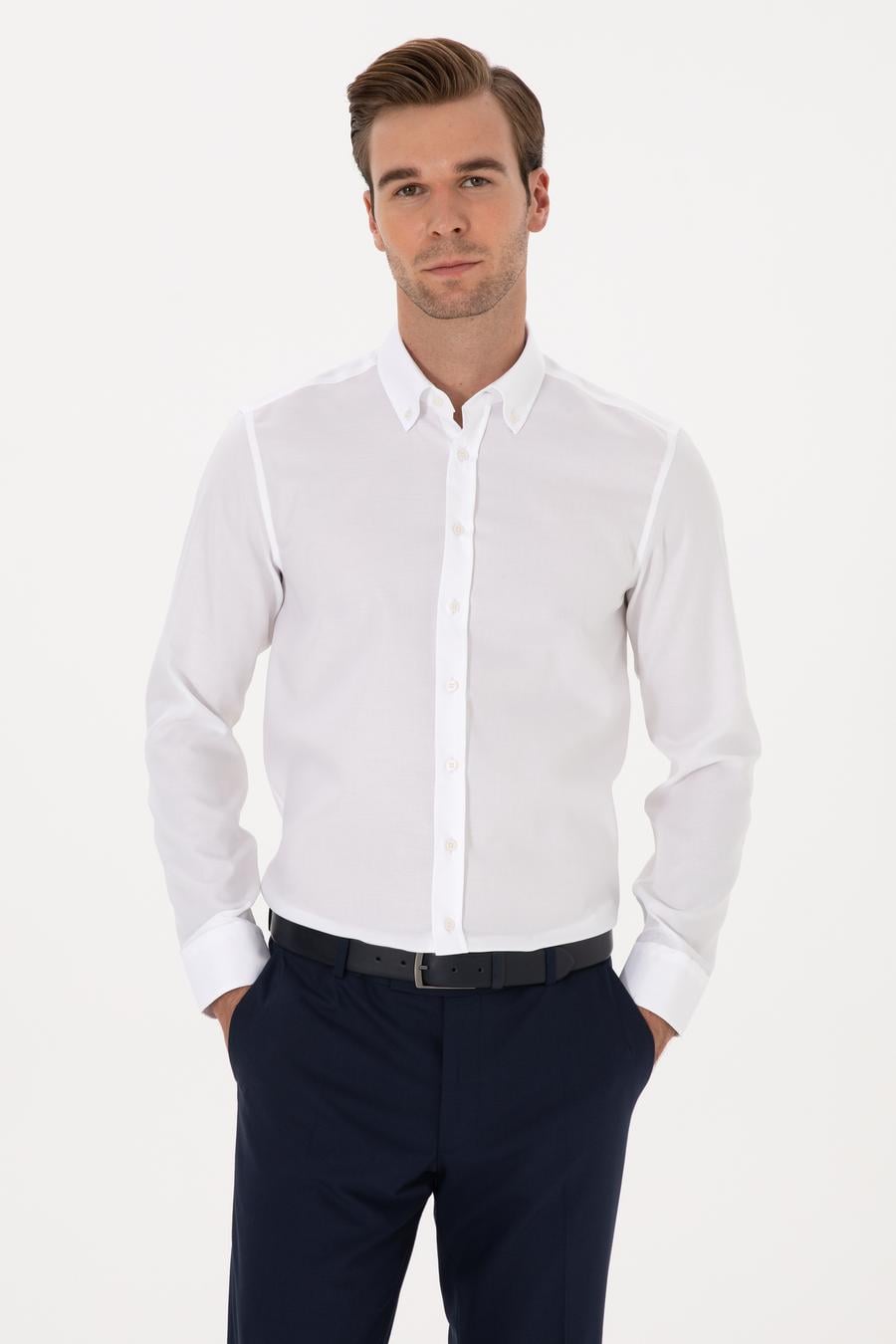 Beyaz Slim Fit %100 Pamuk Yakası Düğmeli Oxford Gömlek - 50319721025