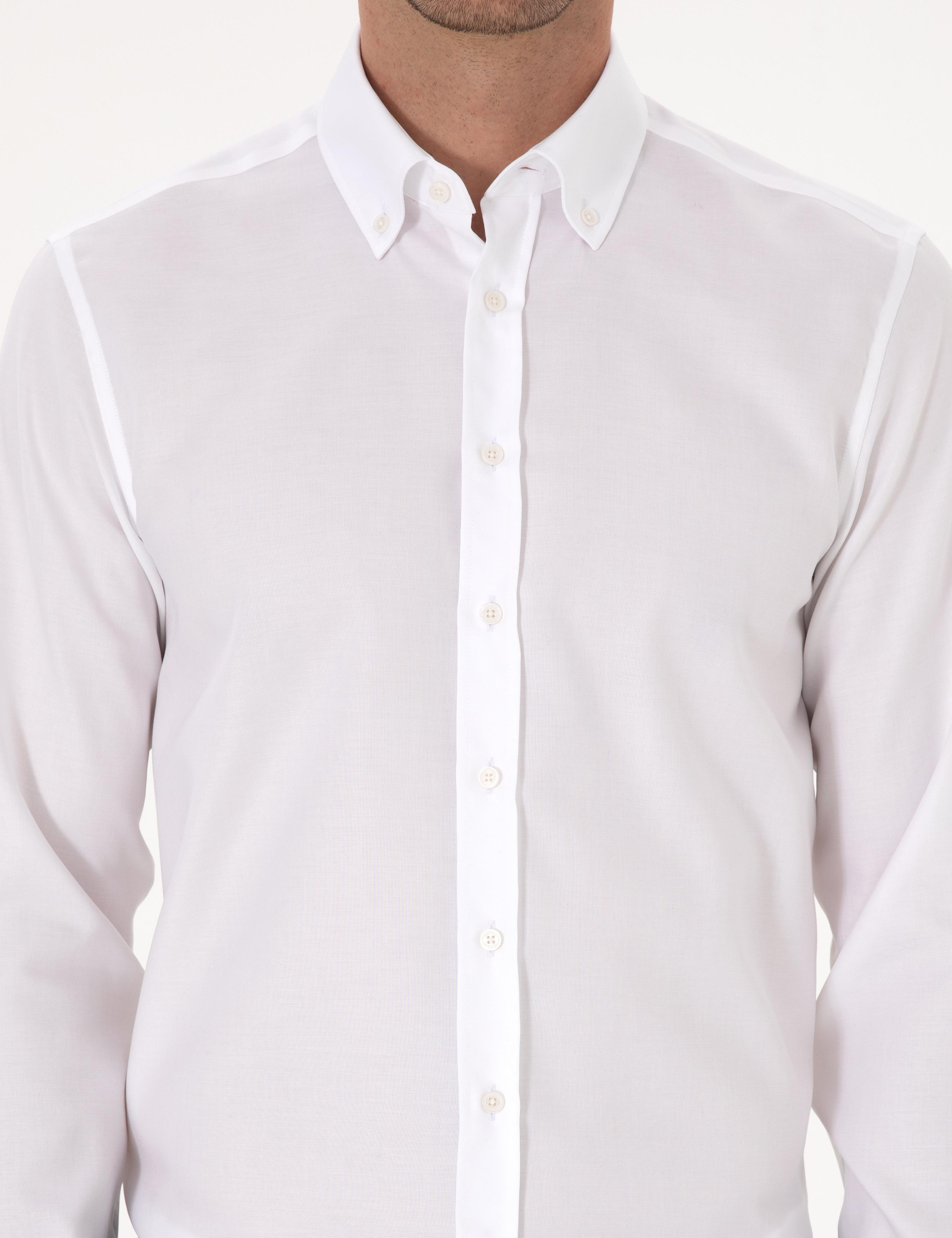 Beyaz Slim Fit %100 Pamuk Yakası Düğmeli Oxford Gömlek - 50319721025