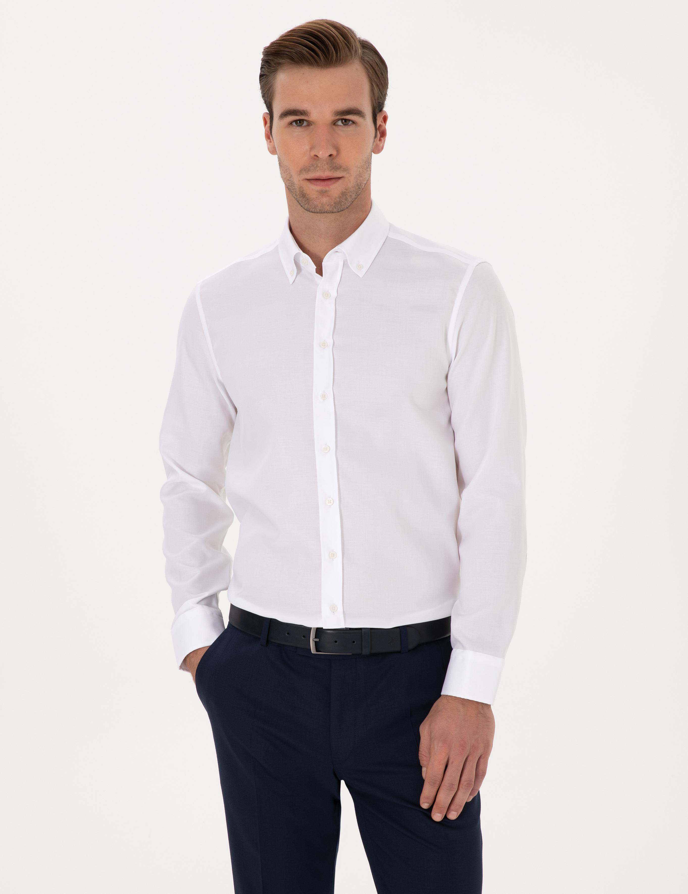 Beyaz Slim Fit %100 Pamuk Yakası Düğmeli Oxford Gömlek - 50319721025