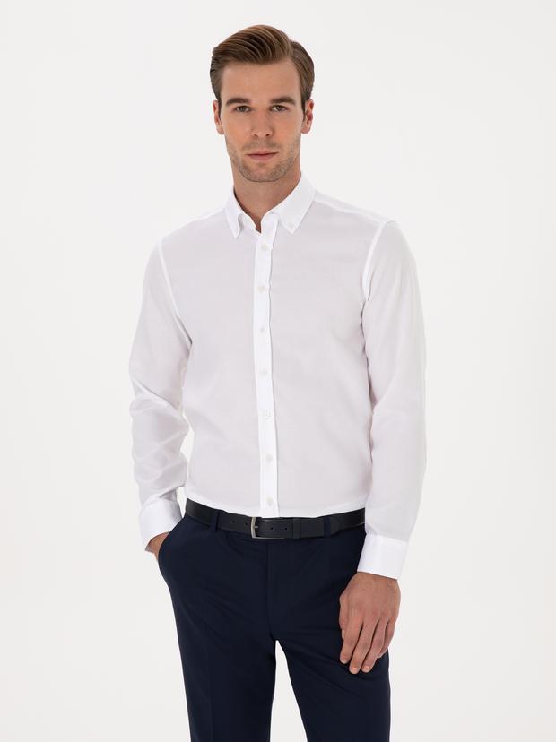 Beyaz Slim Fit %100 Pamuk Yakası Düğmeli Oxford Gömlek