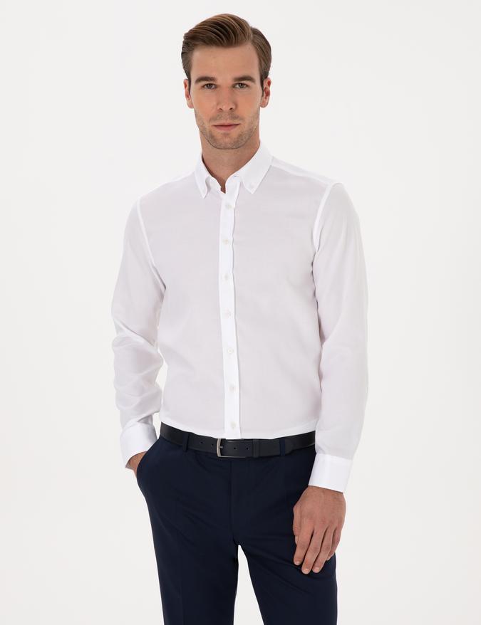 Beyaz Slim Fit %100 Pamuk Yakası Düğmeli Oxford Gömlek
