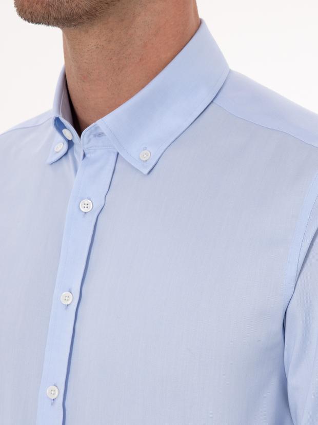 Açık Mavi Slim Fit %100 Pamuk Yakası Düğmeli Oxford Gömlek