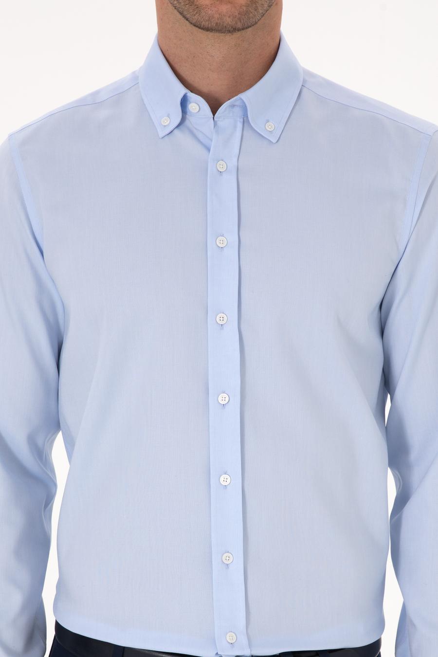 Açık Mavi Slim Fit %100 Pamuk Yakası Düğmeli Oxford Gömlek - 50319721006