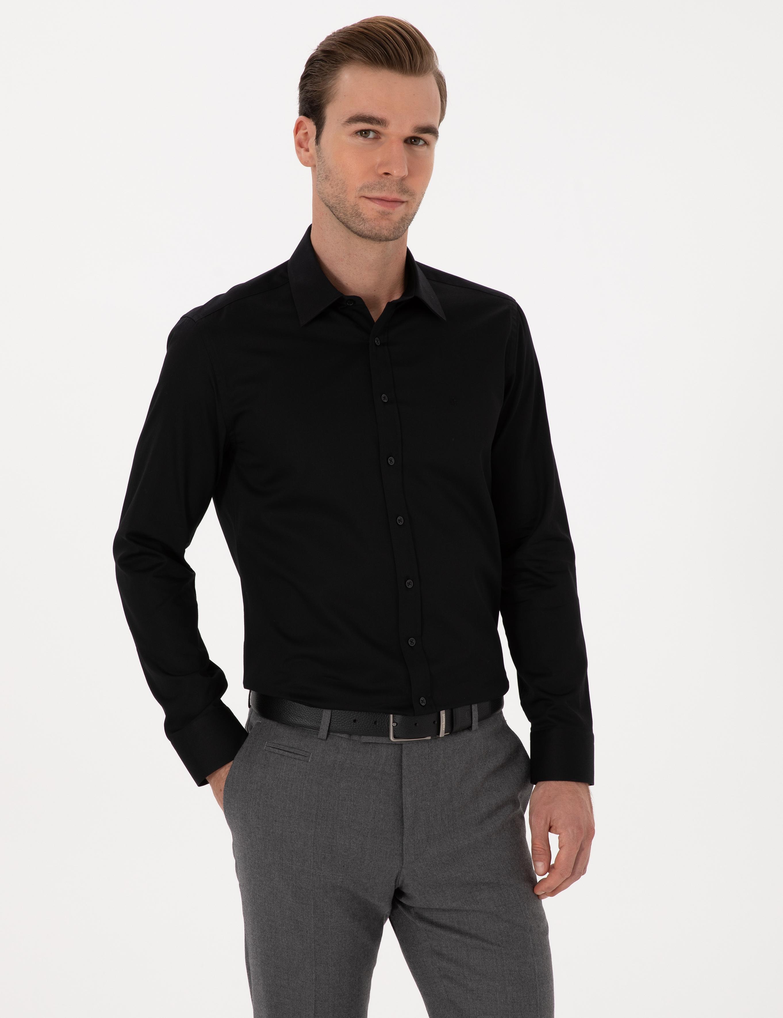 Siyah Slim Fit %100 Pamuk Klasik Gömlek - 50318179041
