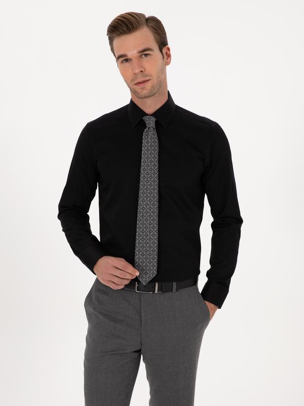 Siyah Slim Fit %100 Pamuk Klasik Gömlek