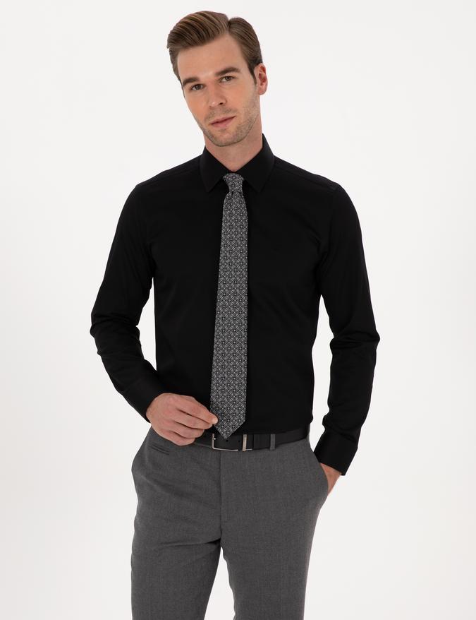 Siyah Slim Fit %100 Pamuk Klasik Gömlek