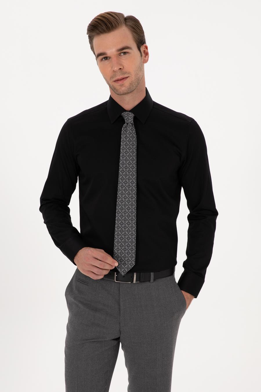Siyah Slim Fit %100 Pamuk Klasik Gömlek - 50318179041