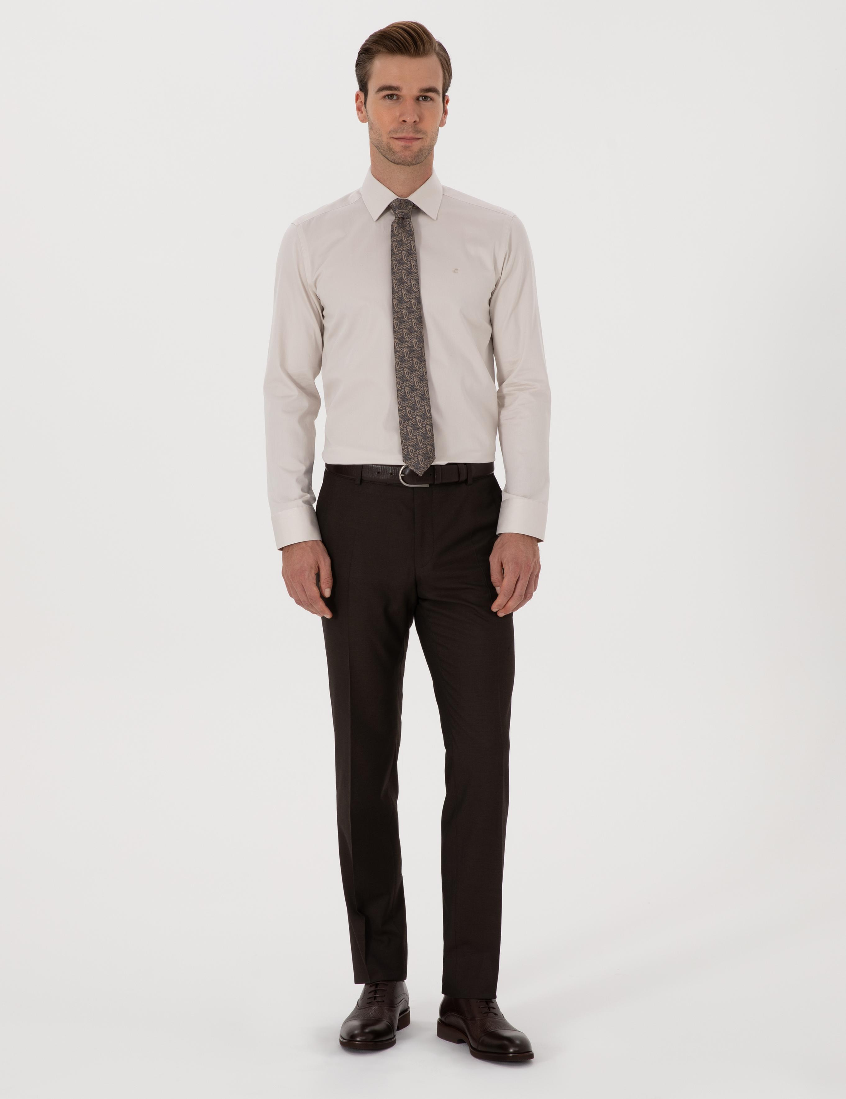 Bej Slim Fit %100 Pamuk Klasik Gömlek - 50318179093