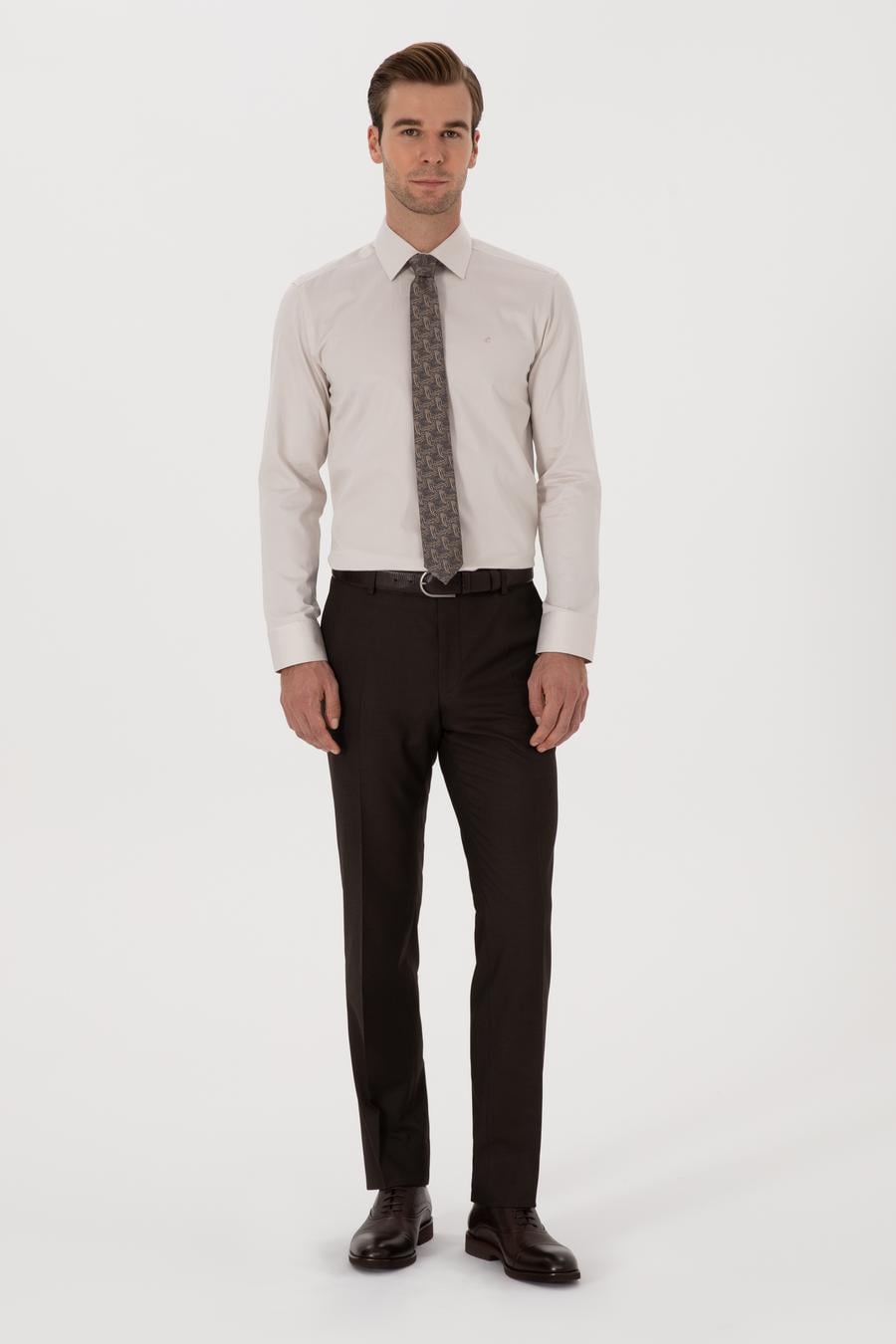 Bej Slim Fit %100 Pamuk Klasik Gömlek - 50318179093