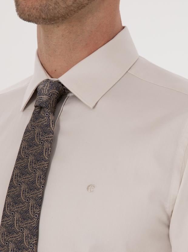Bej Slim Fit %100 Pamuk Klasik Gömlek