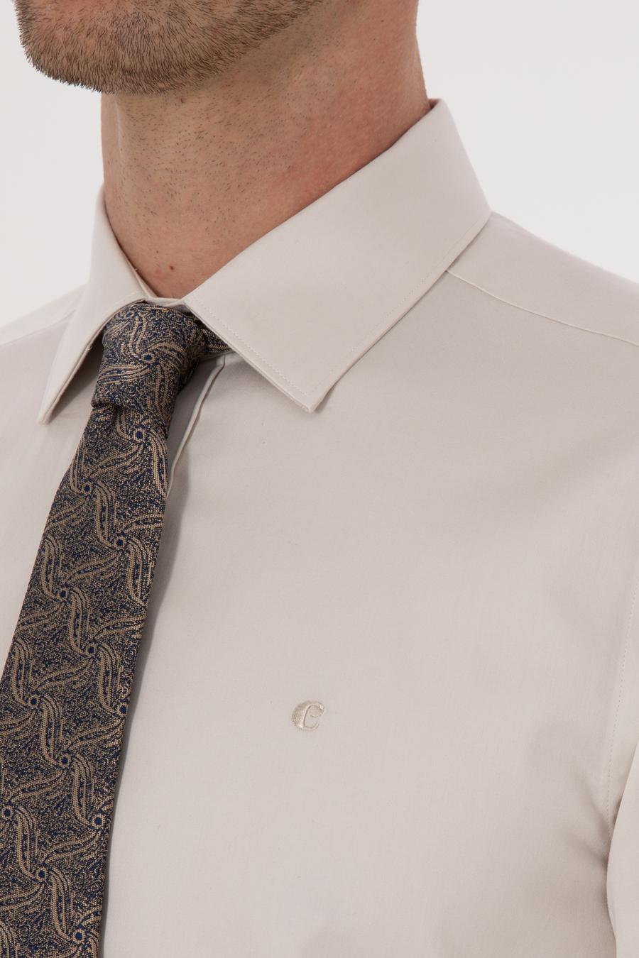 Bej Slim Fit %100 Pamuk Klasik Gömlek - 50318179093