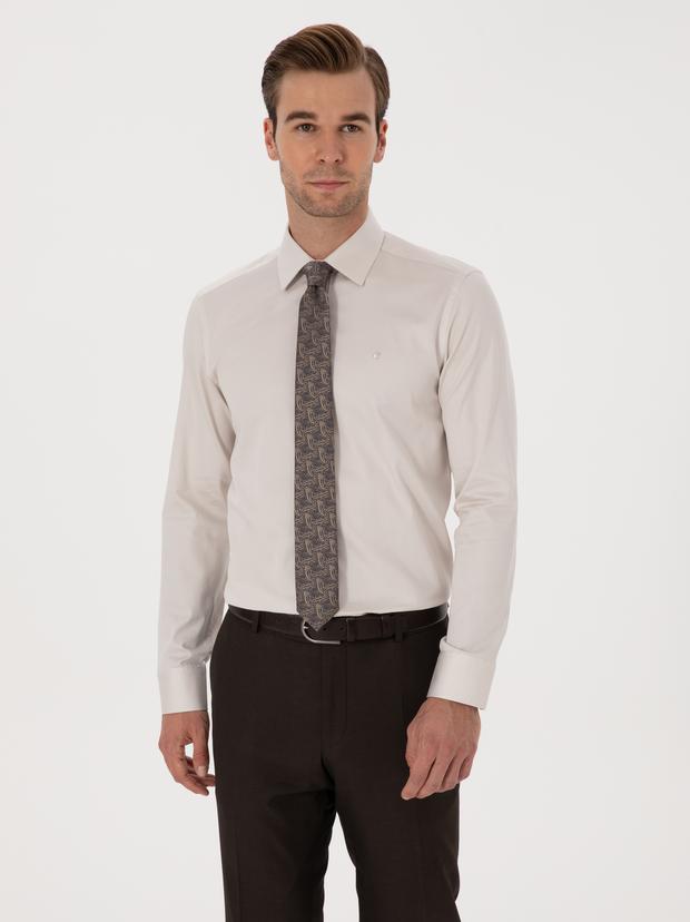 Bej Slim Fit %100 Pamuk Klasik Gömlek