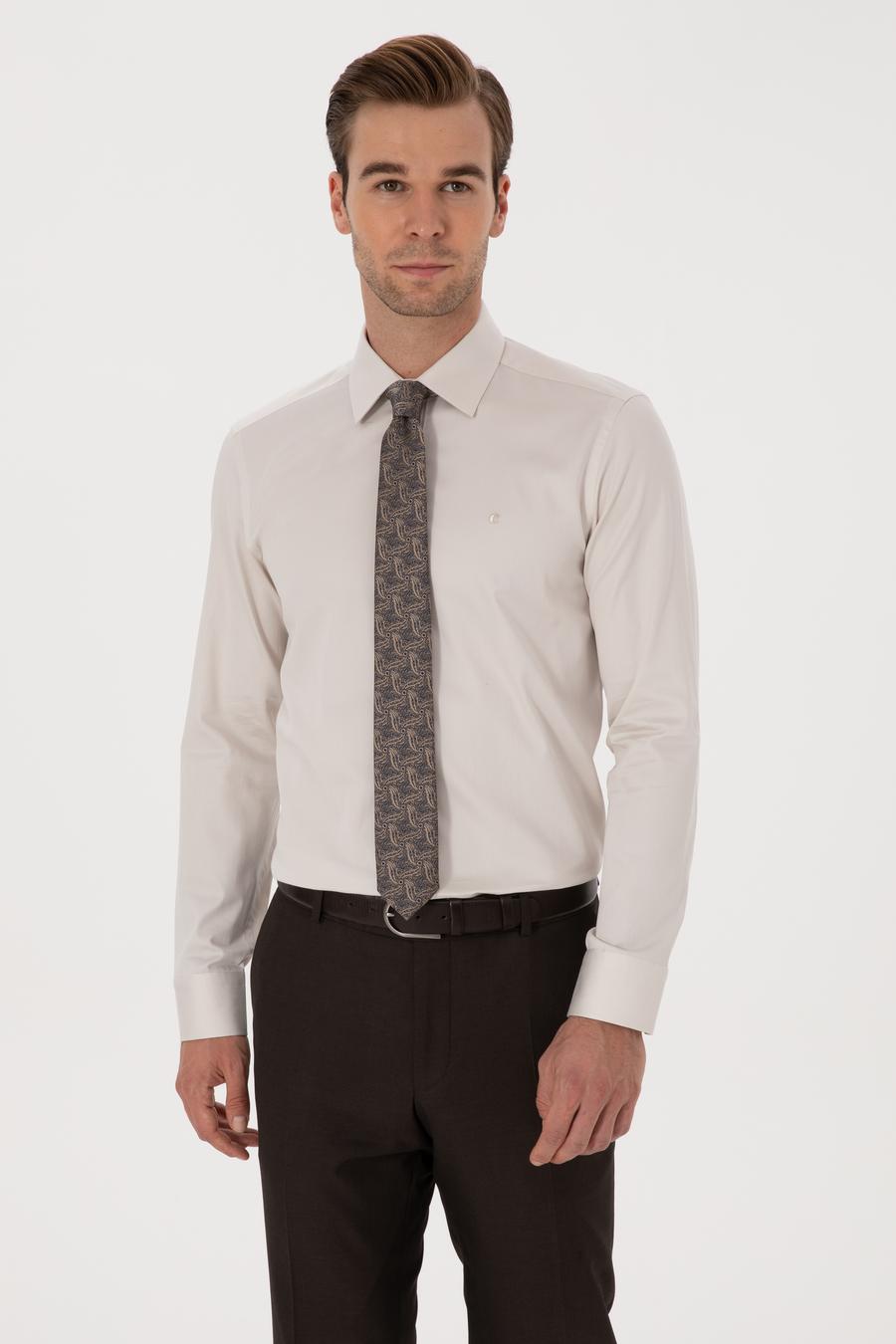Bej Slim Fit %100 Pamuk Klasik Gömlek - 50318179093
