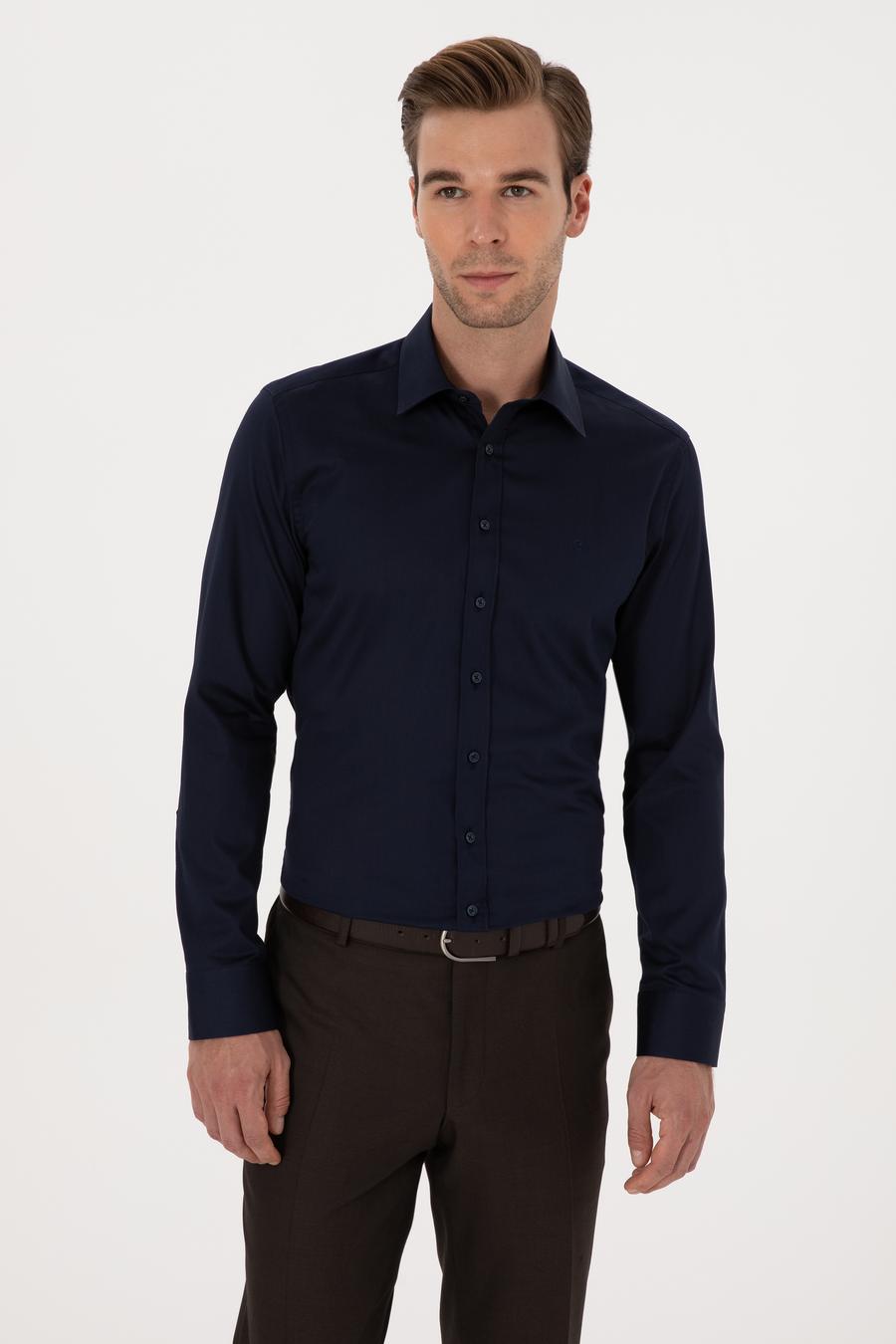 Lacivert Slim Fit %100 Pamuk Klasik Gömlek - 50318179058