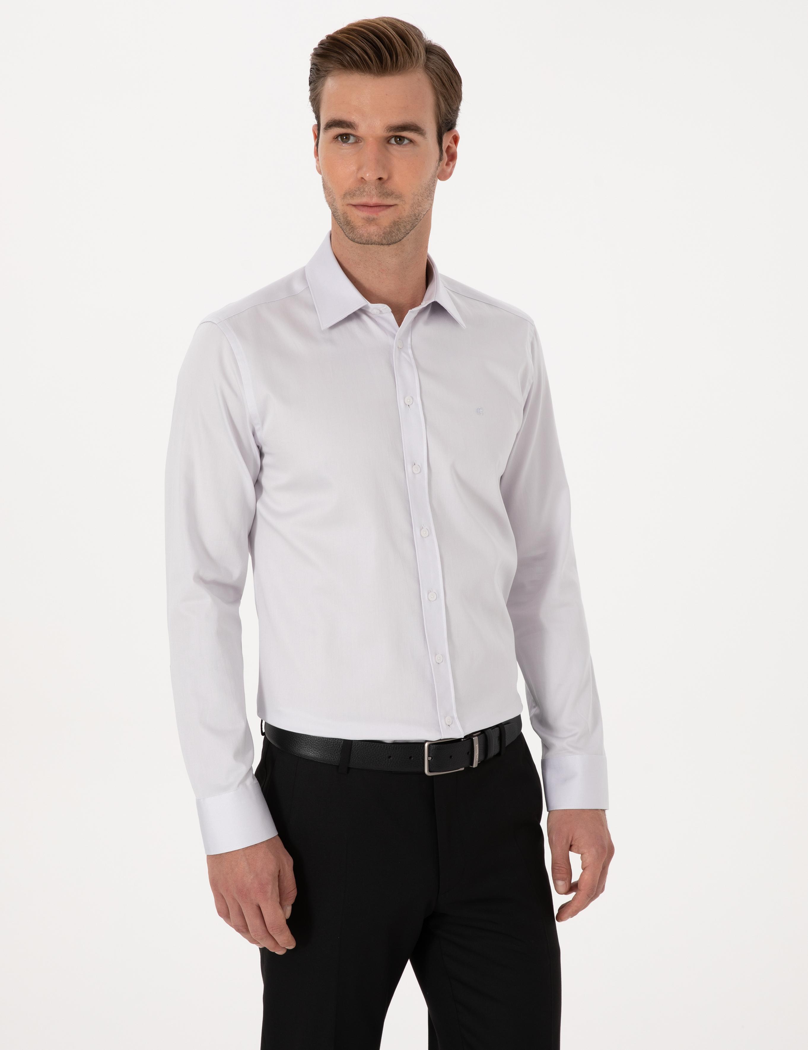 Açık Gri Slim Fit %100 Pamuk Klasik Gömlek - 50318179107
