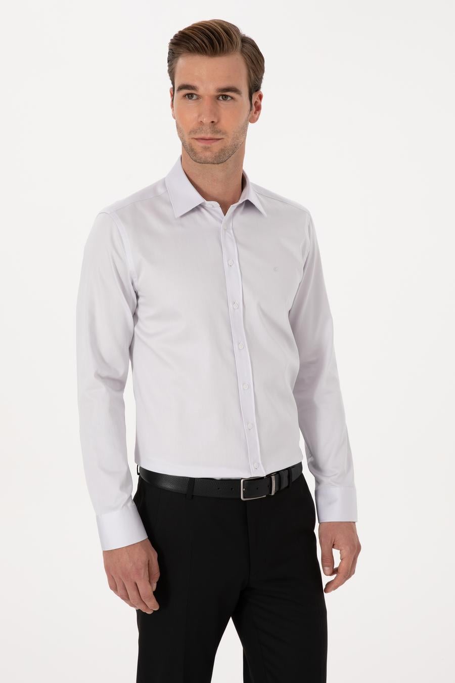 Açık Gri Slim Fit %100 Pamuk Klasik Gömlek - 50318179107