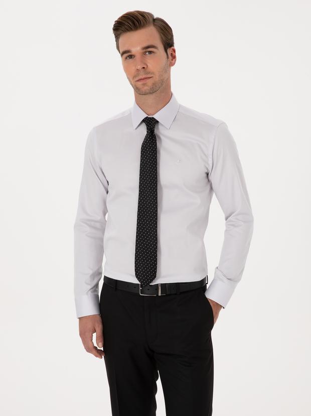 Açık Gri Slim Fit %100 Pamuk Klasik Gömlek