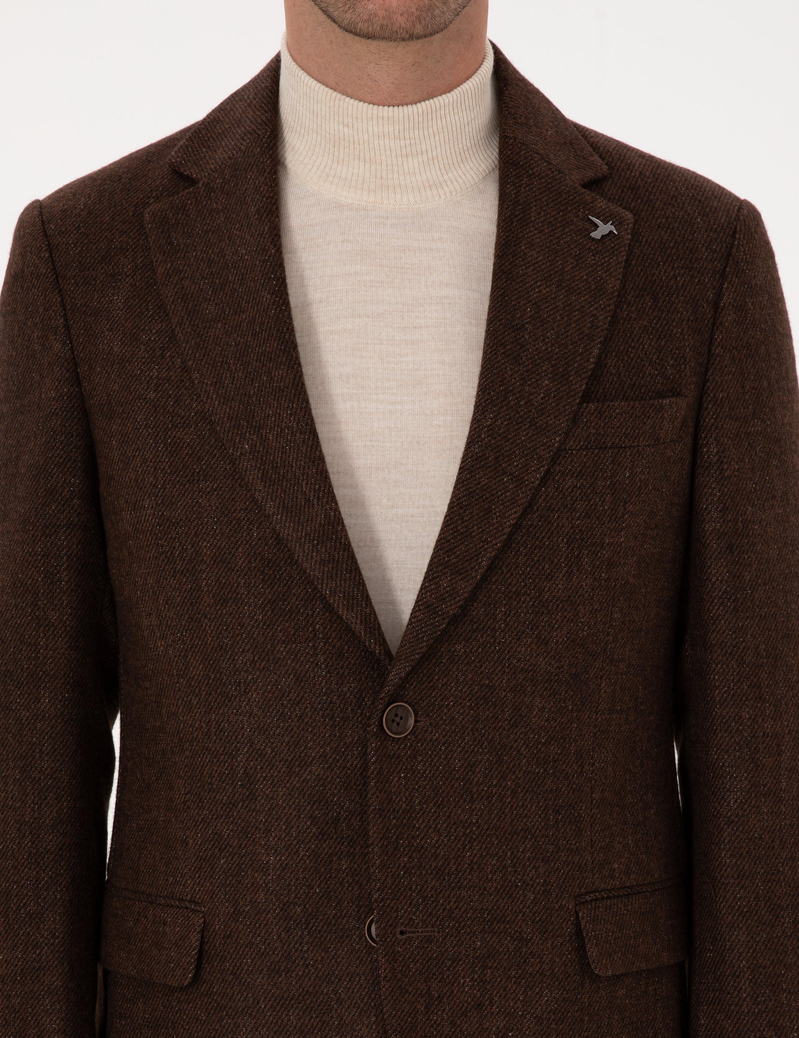 Kahverengi Slim Fit Yün Karışımlı Flanel Görünümlü Ceket - 50310747122