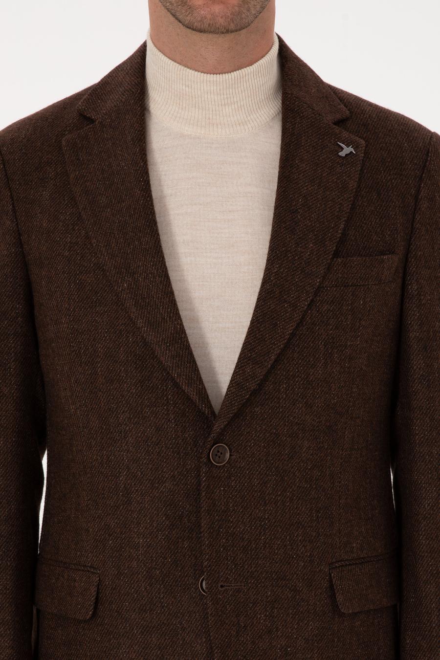 Kahverengi Slim Fit Yün Karışımlı Flanel Görünümlü Ceket - 50310747122