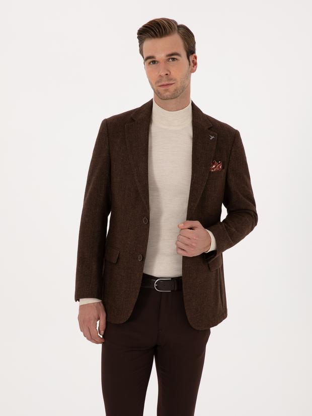 Kahverengi Slim Fit Yün Karışımlı Flanel Görünümlü Ceket