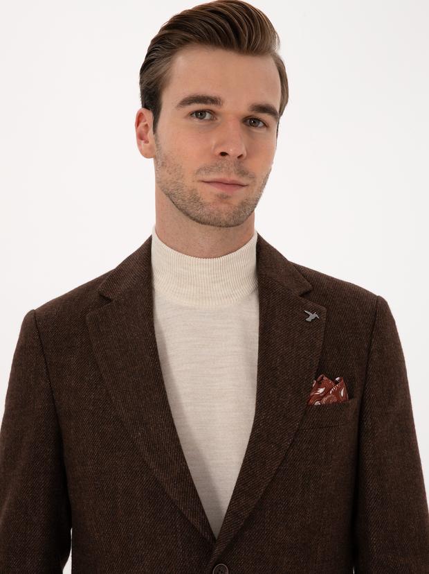 Kahverengi Slim Fit Yün Karışımlı Flanel Görünümlü Ceket