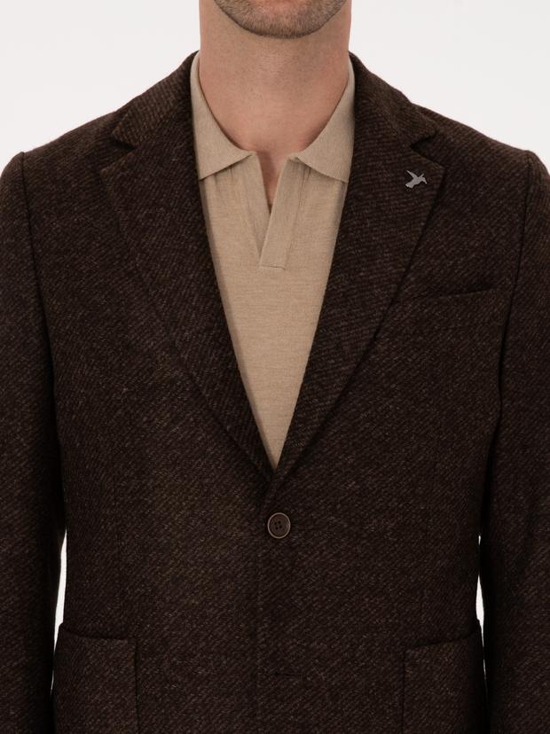 Kahverengi Slim Fit Yün Karışımlı Flanel Görünümlü Ceket