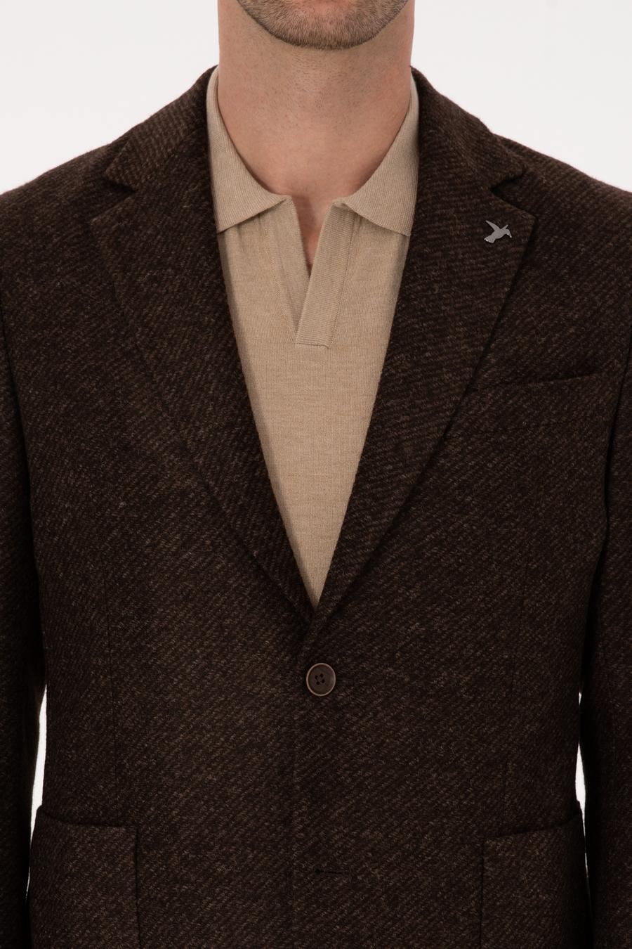 Kahverengi Slim Fit Yün Karışımlı Flanel Görünümlü Ceket - 50316800044
