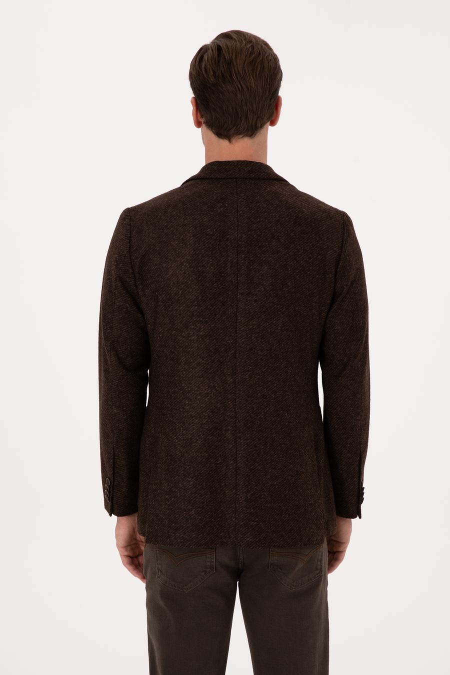 Kahverengi Slim Fit Yün Karışımlı Flanel Görünümlü Ceket - 50316800044