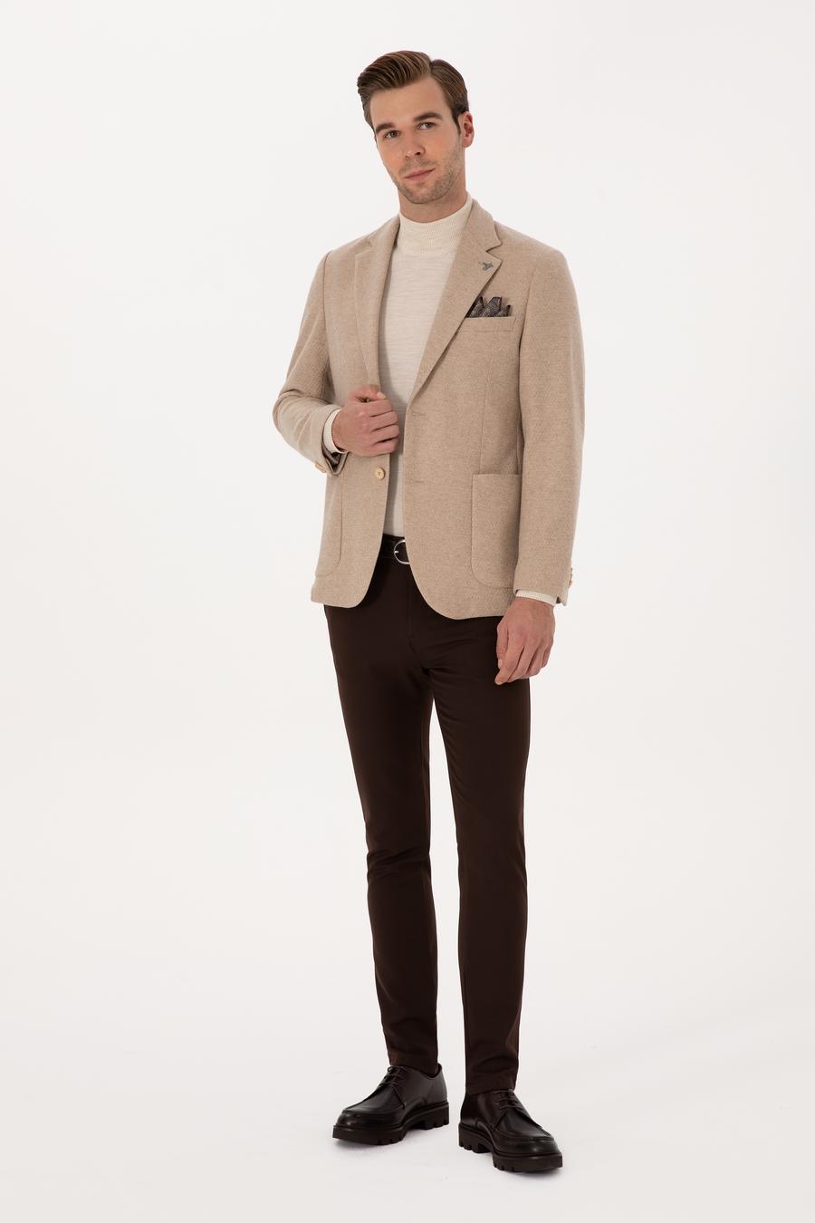 Bej Slim Fit Yün Karışımlı Flanel Ceket - 50316351008