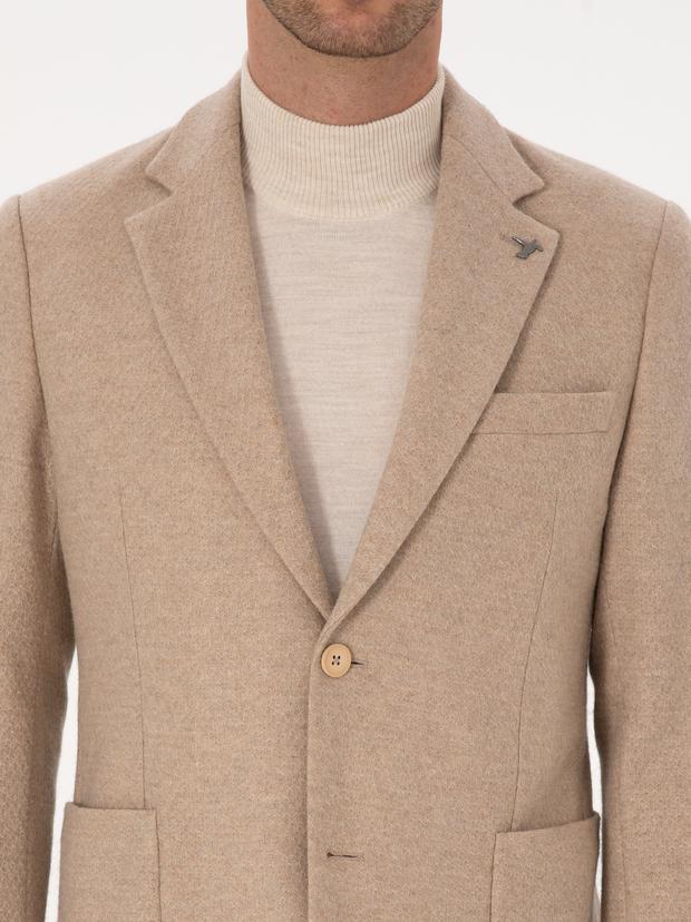 Bej Slim Fit Yün Karışımlı Flanel Ceket