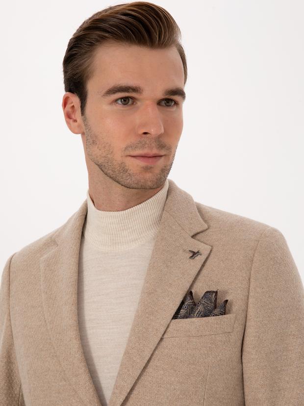 Bej Slim Fit Yün Karışımlı Flanel Ceket