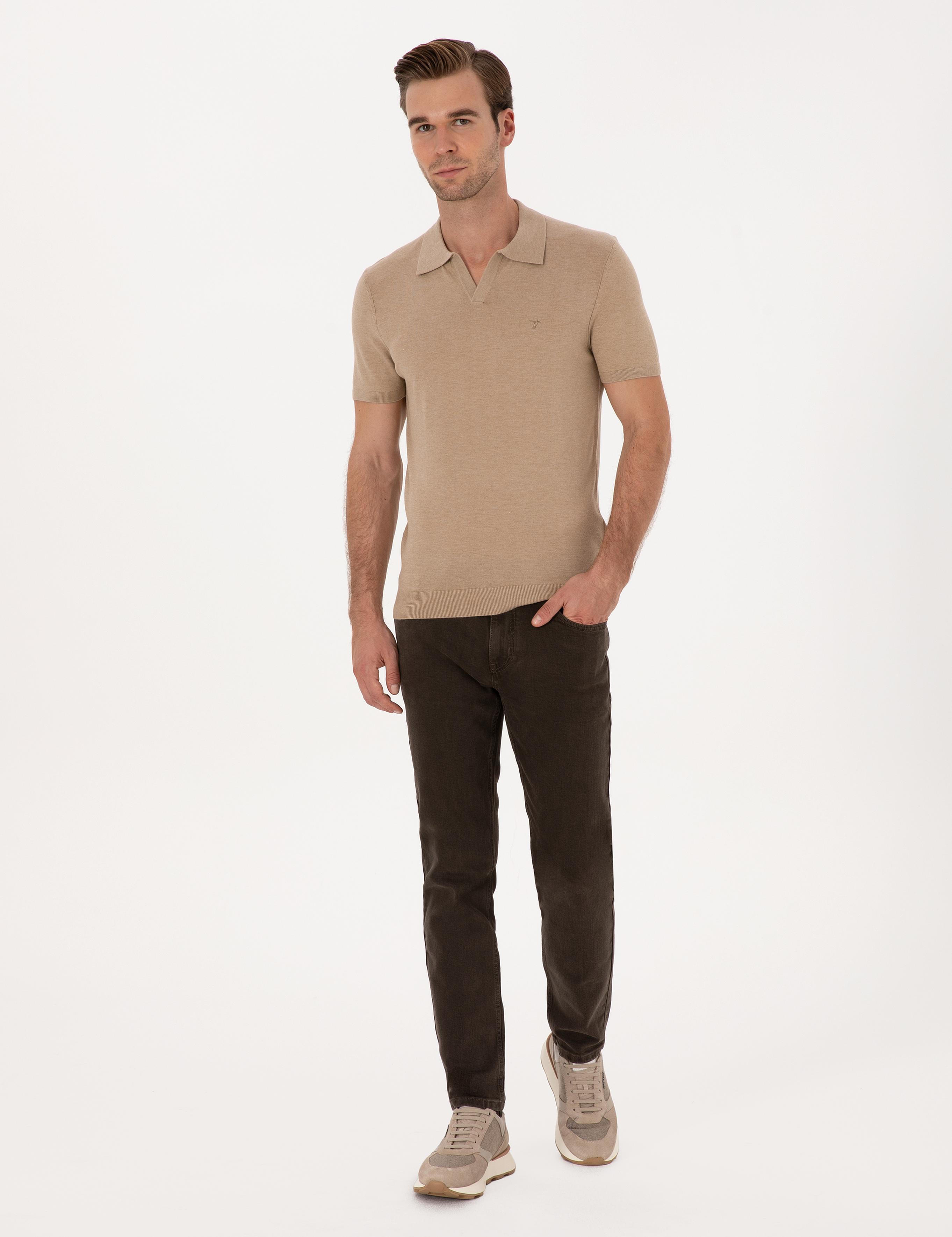 Kum Slim Fit Apaş YakaTriko T-shirt - 50313020048
