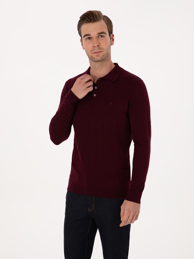 Bordo Slim Fit Regular Fit Pamuk Karışımlı Polo Yaka Basic Triko Kazak