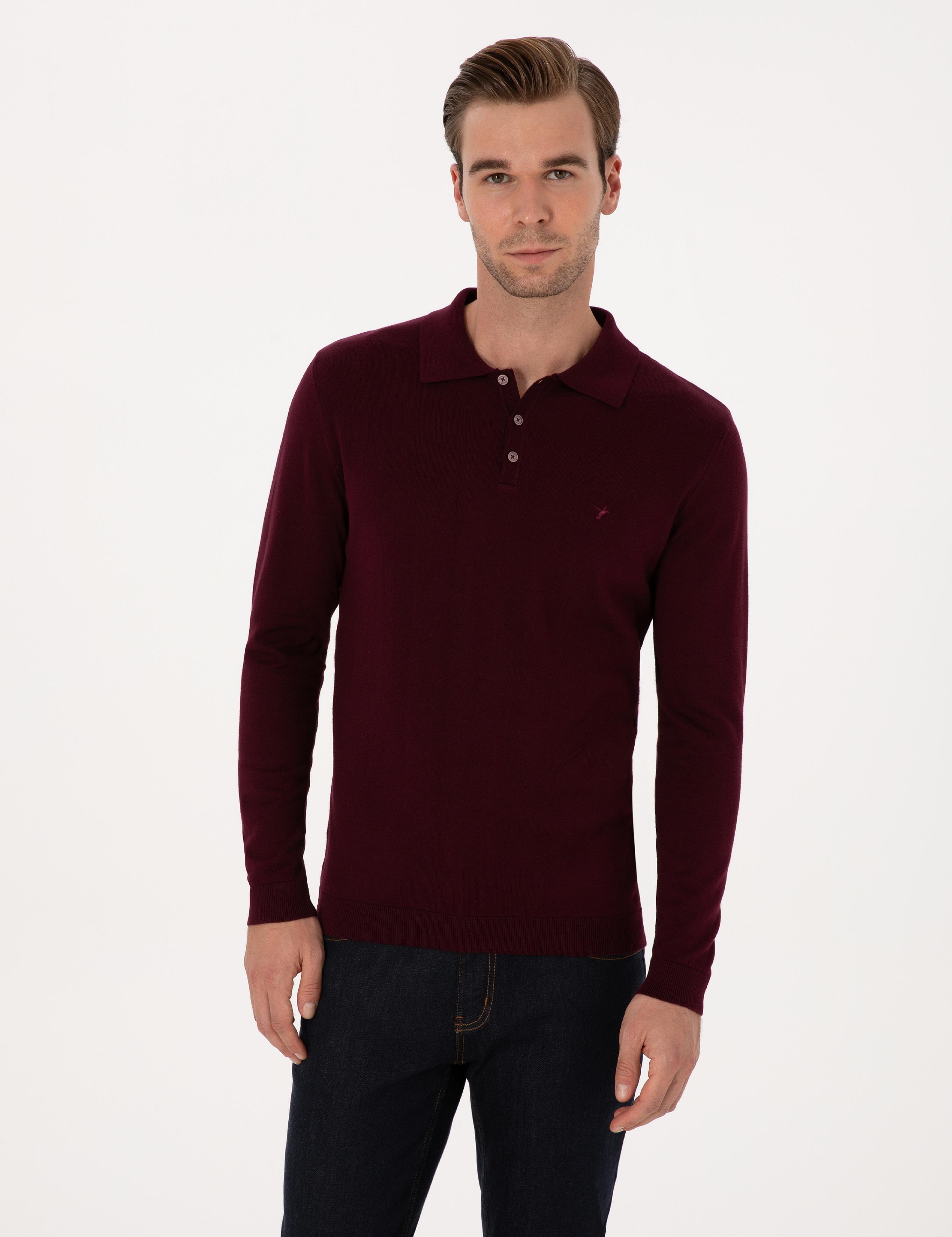 Bordo Slim Fit Regular Fit Pamuk Karışımlı Polo Yaka Basic Triko Kazak - 50318673021