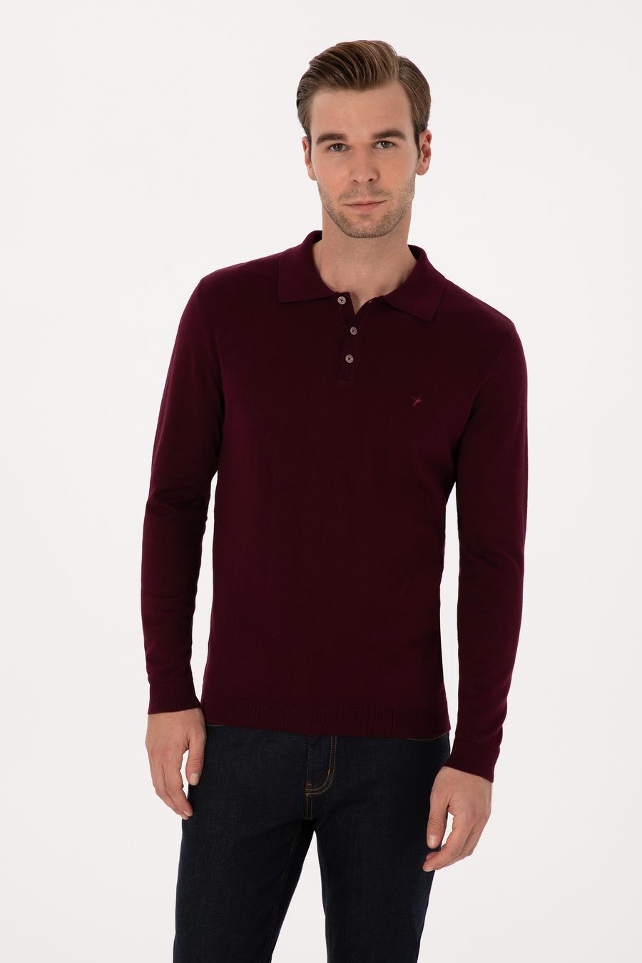 Bordo Slim Fit Regular Fit Pamuk Karışımlı Polo Yaka Basic Triko Kazak - 50318673021