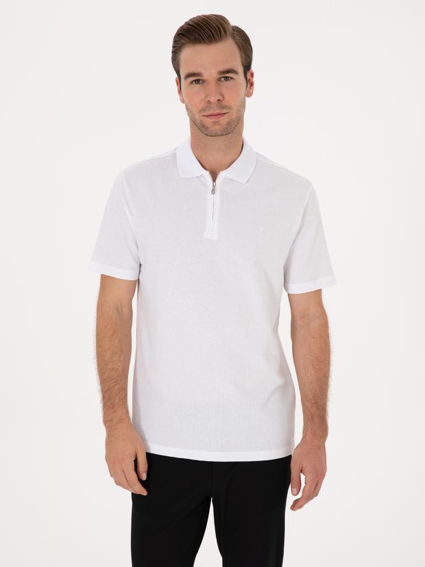 Beyaz Regular Fit %100 Pamuk Fermuarlı Polo Yaka T-shirt