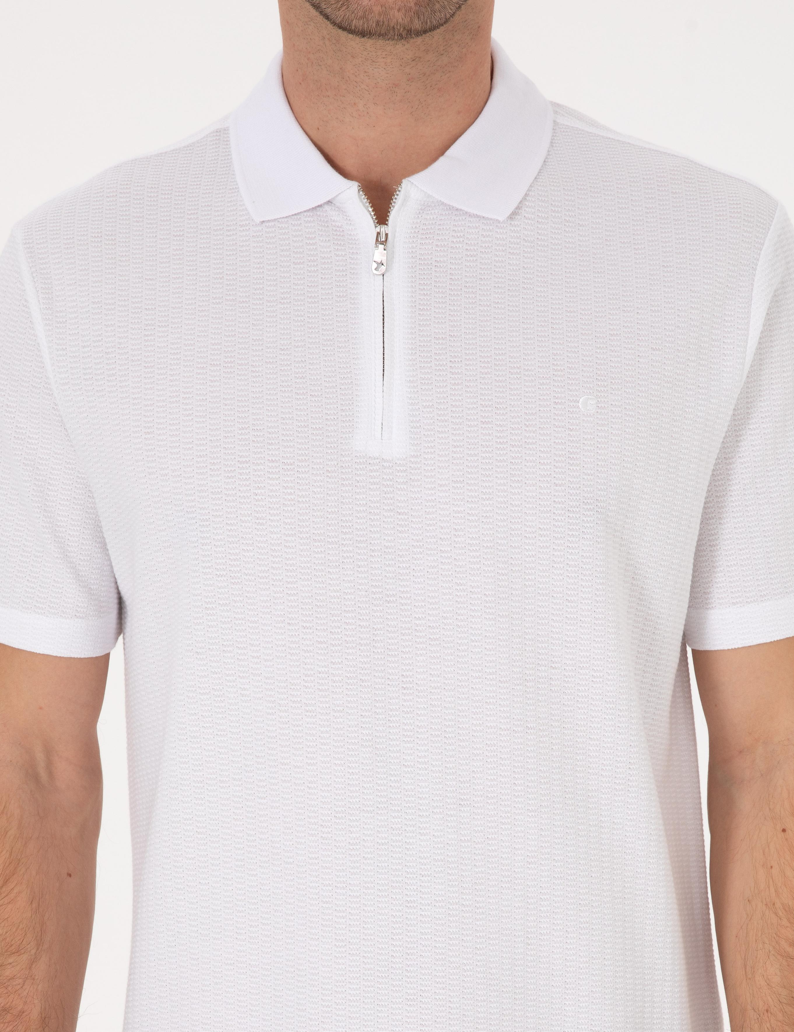 Beyaz Regular Fit %100 Pamuk Fermuarlı Polo Yaka T-shirt - 50300835005