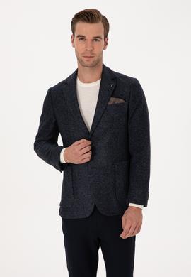 Lacivert Slim Fit Yün Karışımlı Flanel Görünümlü Ceket