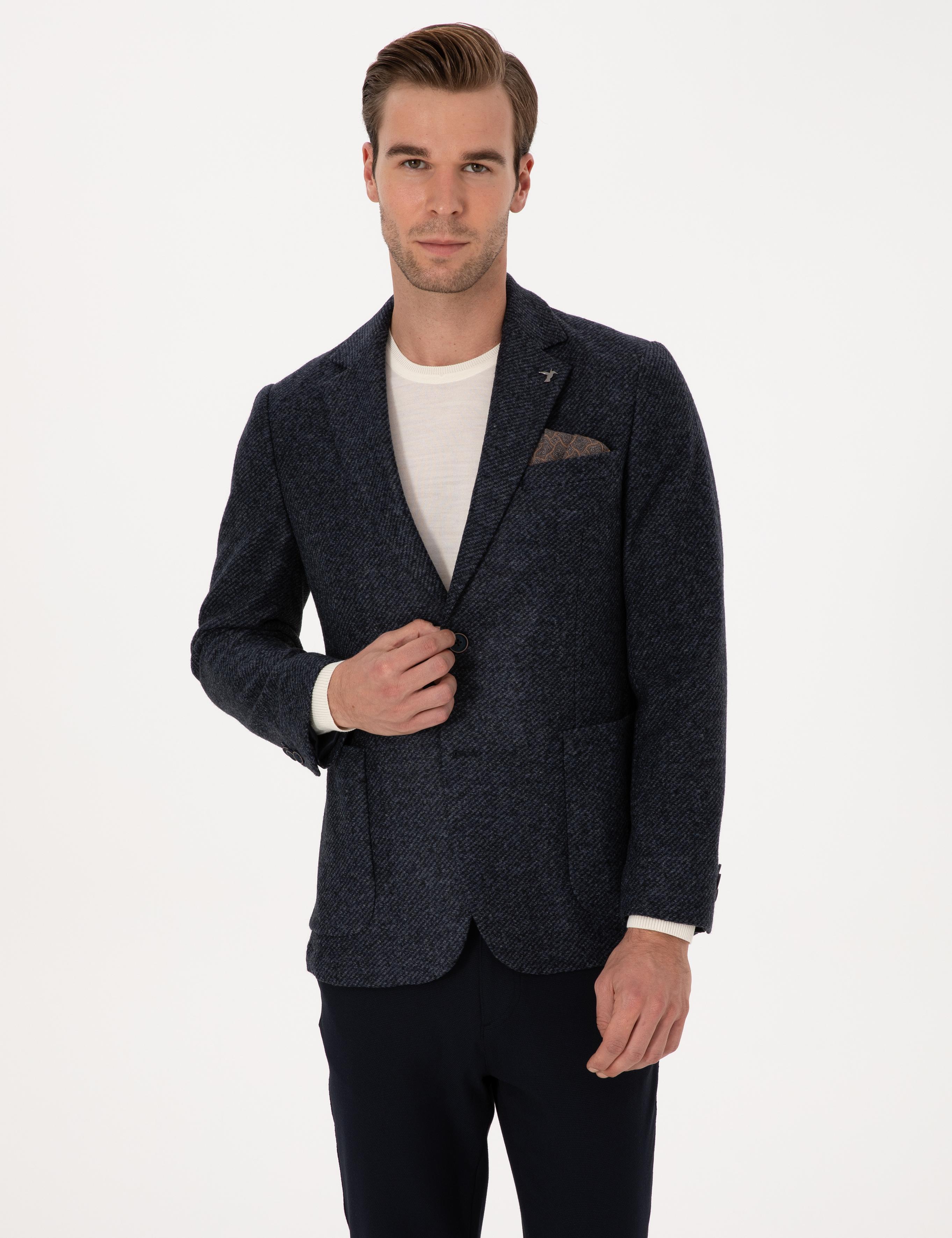 Lacivert Slim Fit Yün Karışımlı Flanel Görünümlü Ceket - 50316800017