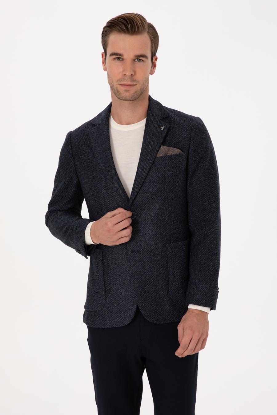 Lacivert Slim Fit Yün Karışımlı Flanel Görünümlü Ceket - 50316800017