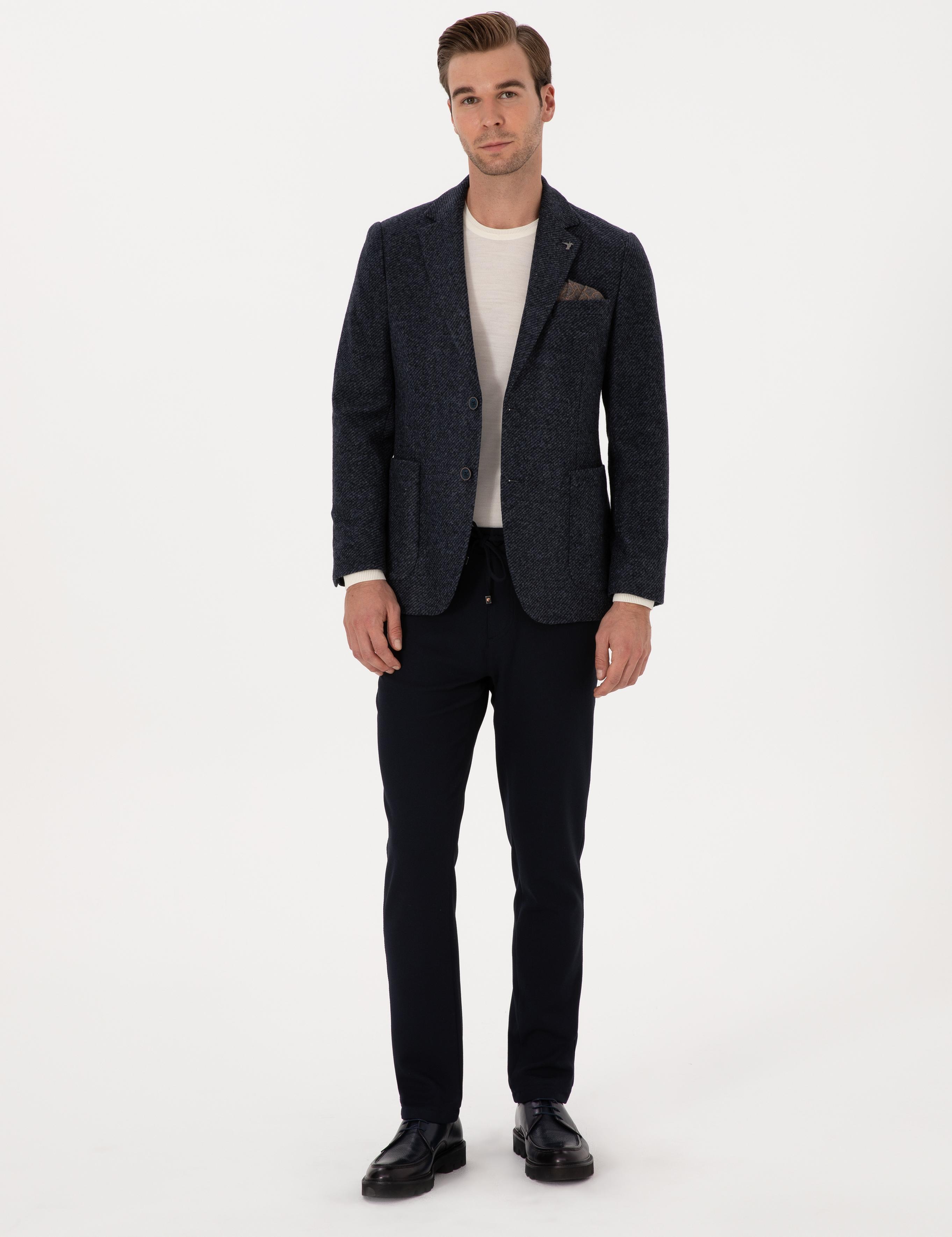 Lacivert Slim Fit Yün Karışımlı Flanel Görünümlü Ceket - 50316800017