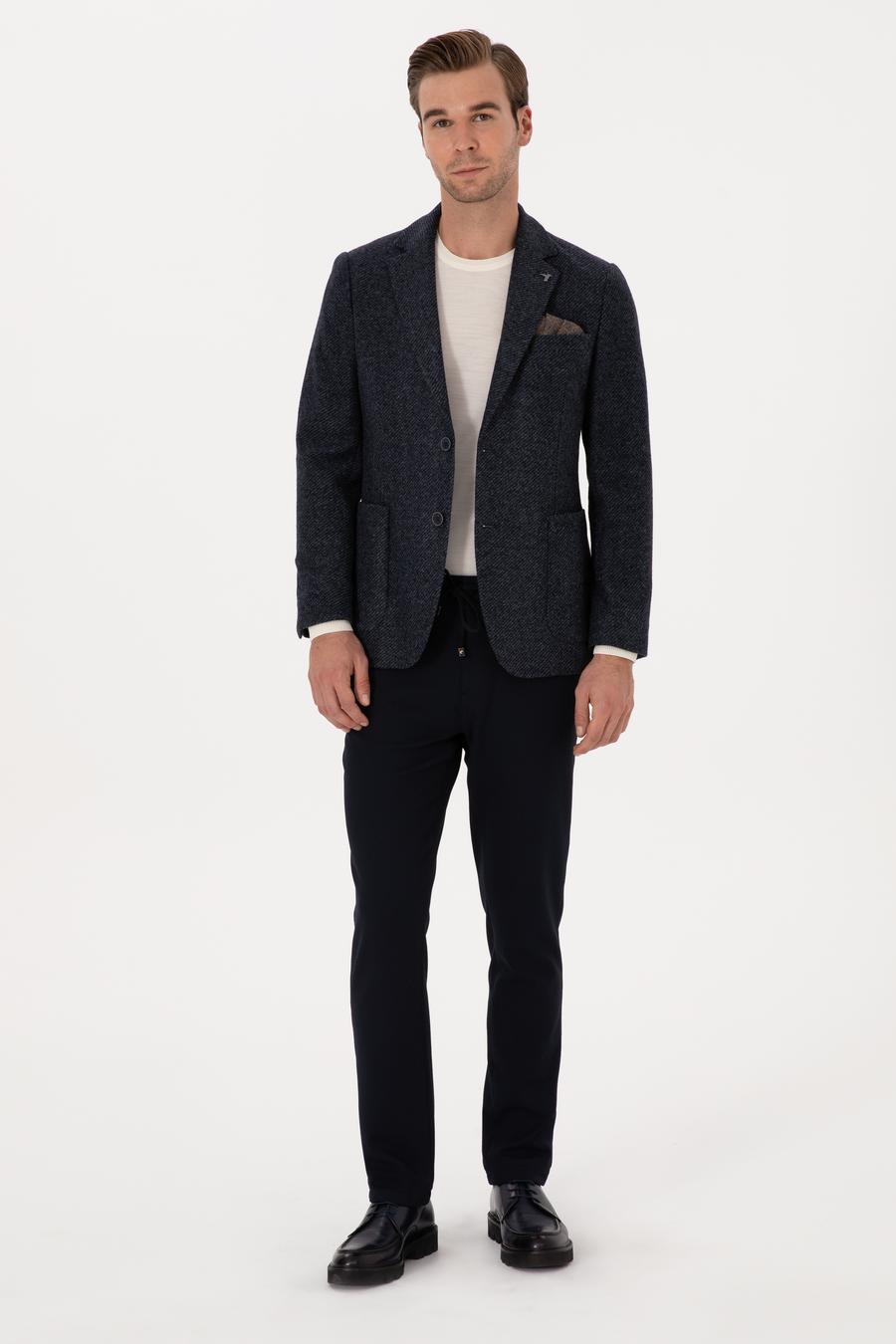 Lacivert Slim Fit Yün Karışımlı Flanel Görünümlü Ceket - 50316800017