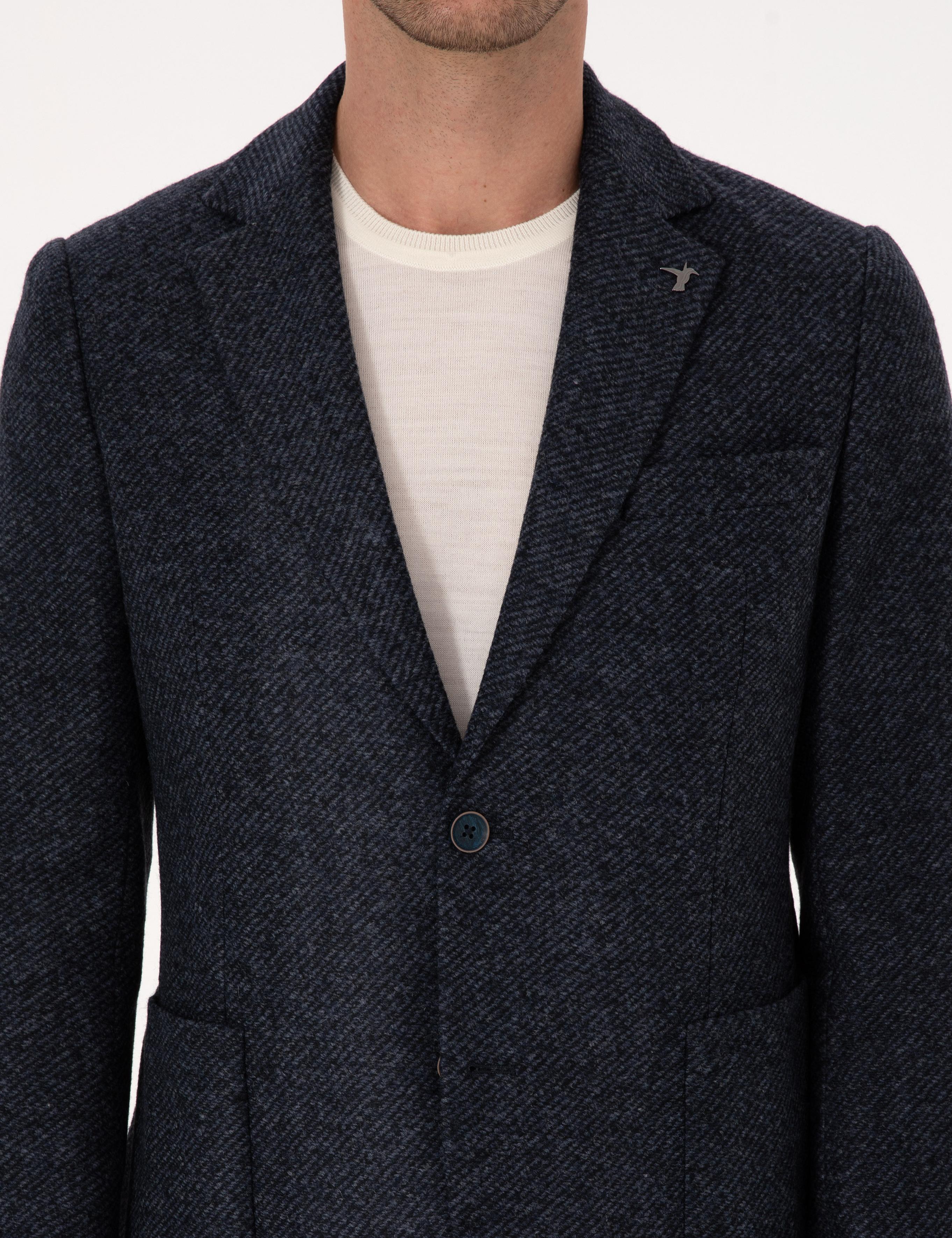 Lacivert Slim Fit Yün Karışımlı Flanel Görünümlü Ceket - 50316800017