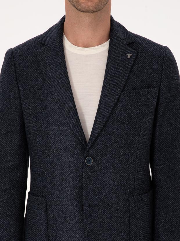 Lacivert Slim Fit Yün Karışımlı Flanel Görünümlü Ceket