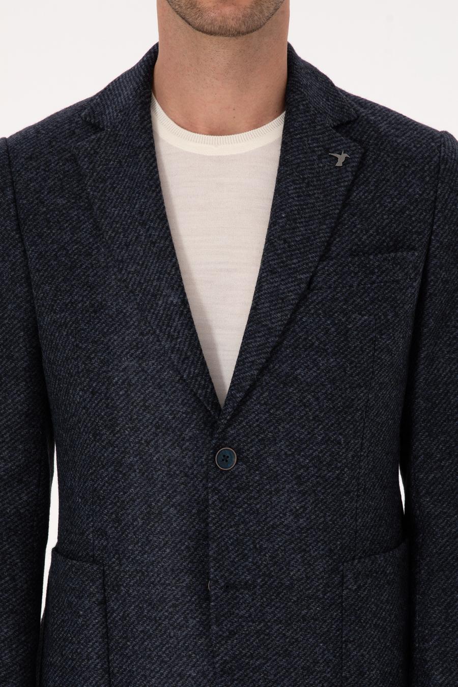 Lacivert Slim Fit Yün Karışımlı Flanel Görünümlü Ceket - 50316800017