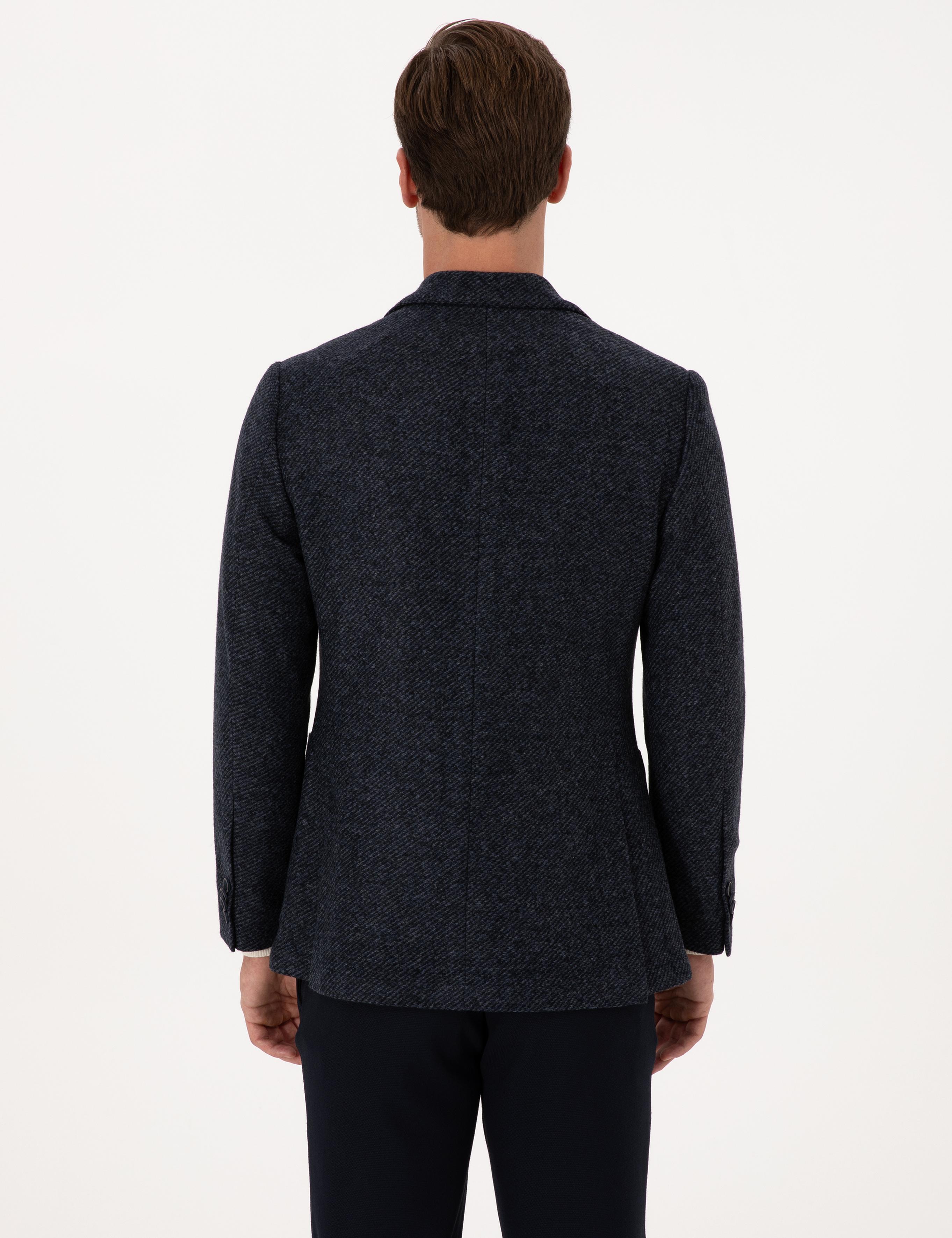 Lacivert Slim Fit Yün Karışımlı Flanel Görünümlü Ceket - 50316800017